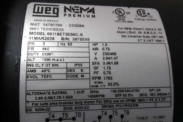 Weg 00118ET3E56C-S 1 HP 1765 RPM 230/460VAC 3-Phase General Purpose Motor