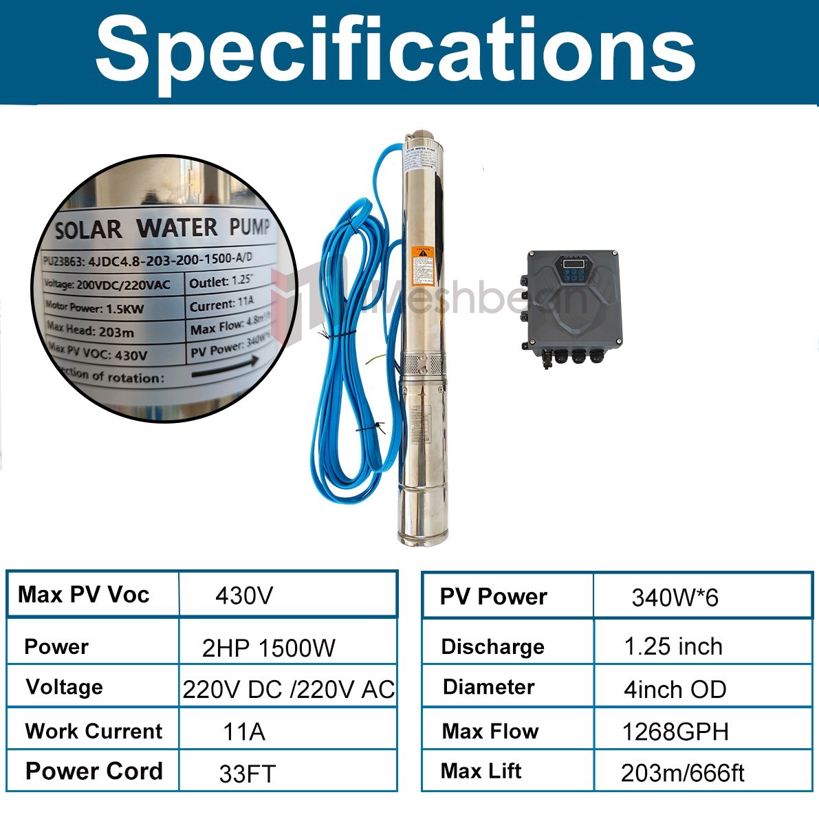 4″ 2HP AC/DC 220V Solar Pump Submersible Pump Bore Deep Well Pump+MPPT Controlle