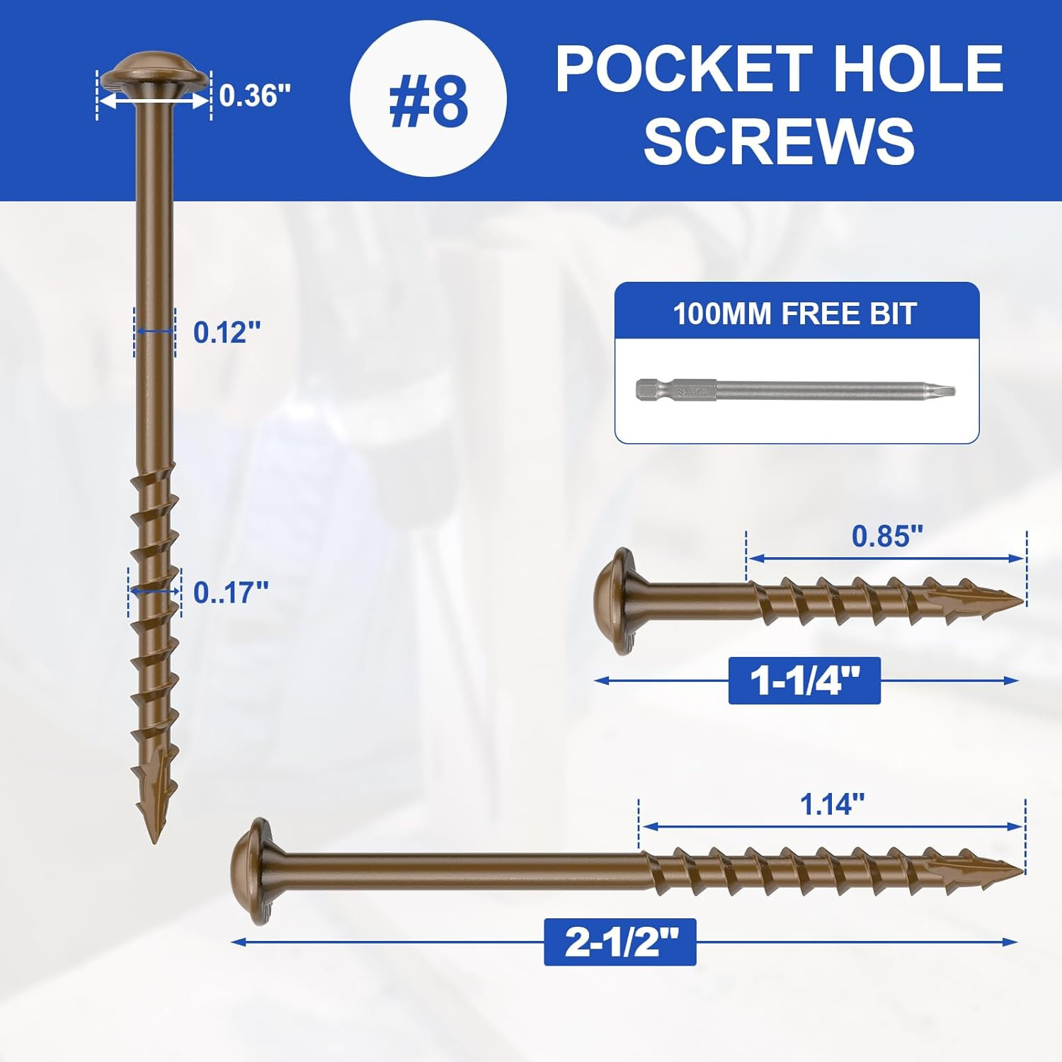 #8 Pocket Hole Screws 2-1/2 Inch, 100Pcs Coarse Thread Wood Screws, Square Drive