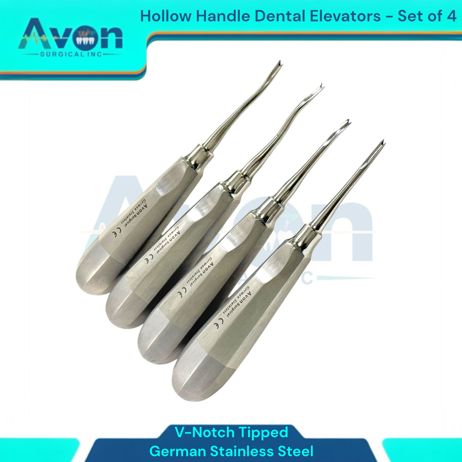Periotome Apical Dental Elevator V-Notched Grooved, Hollow Handle (Set of 4)