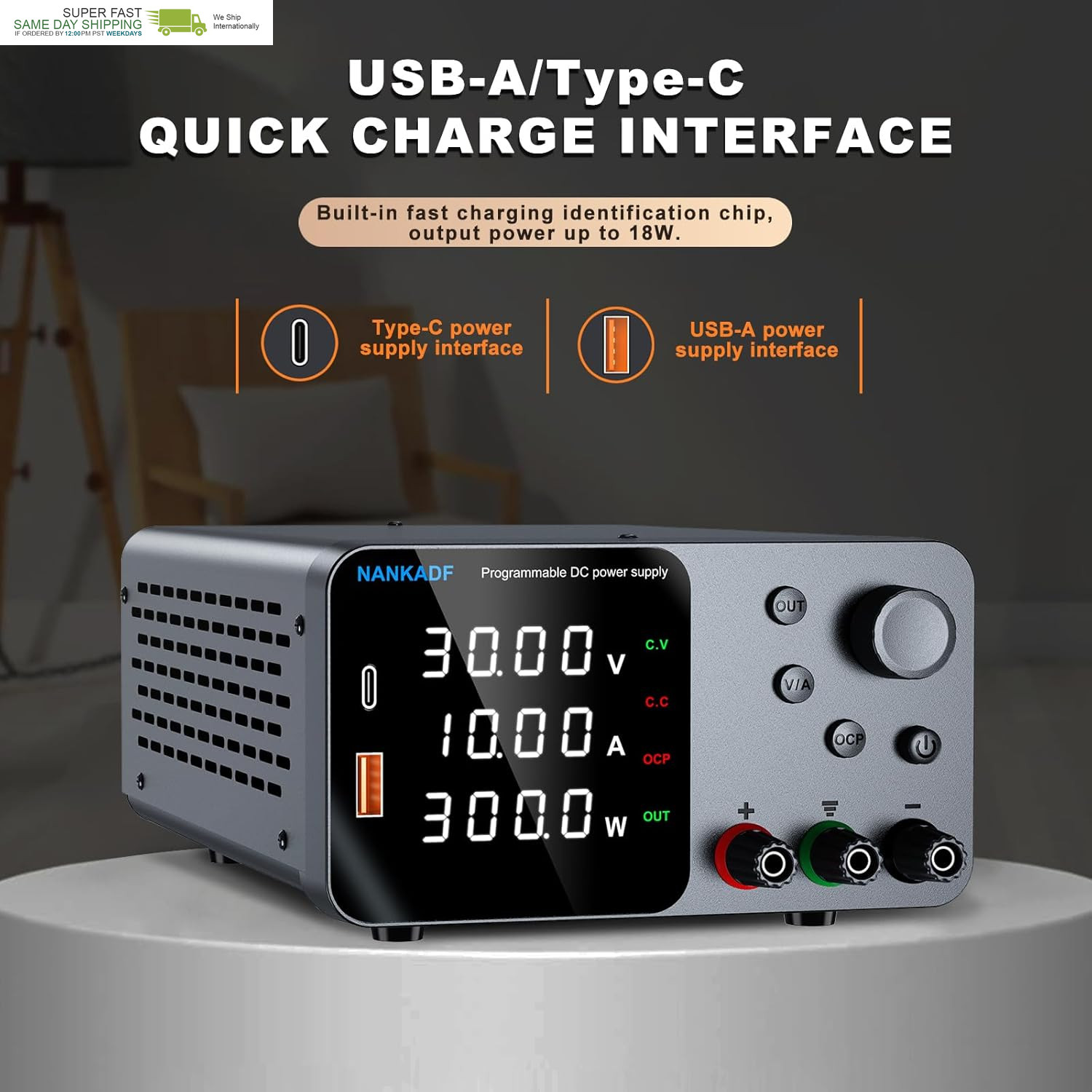 DC Power Supply, 30V 10A Bench Power Supply with Encoder Adjustment, 5V/3.6A Usb