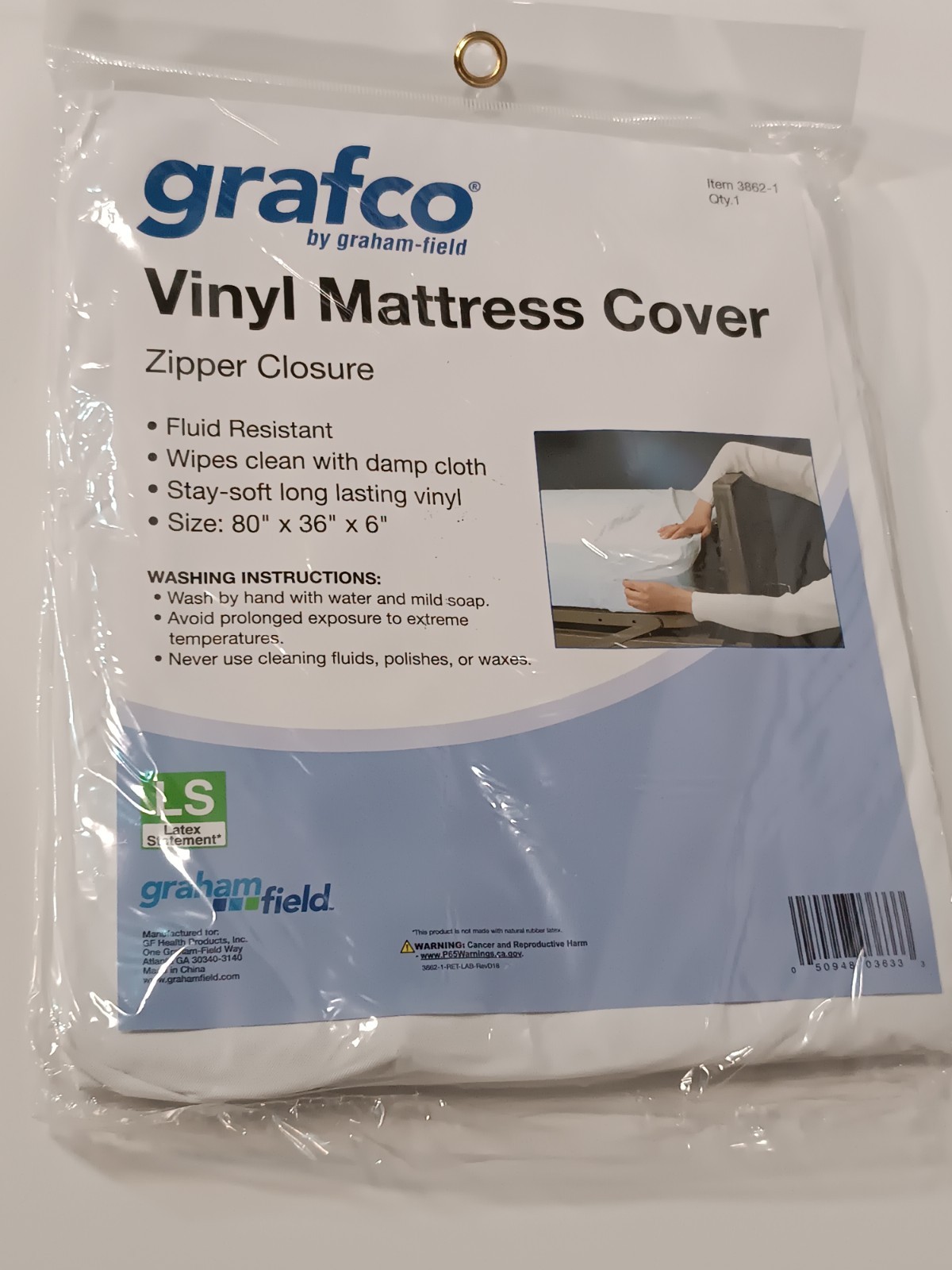Graham-Field 3862-1 Grafco Vinyl Mattress Cover with Zipper Closure, 80″x36″x6″