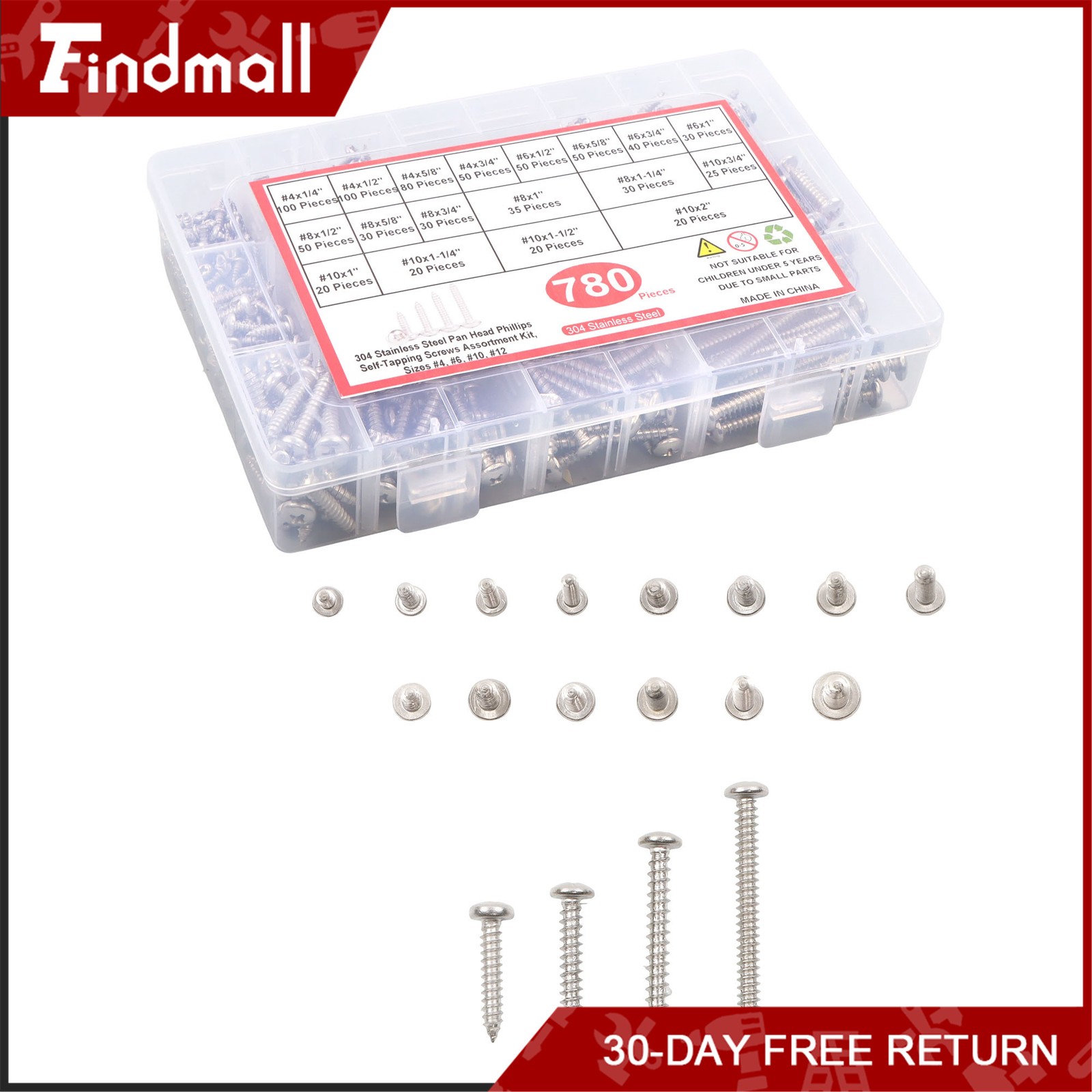 Findmall 780 PCS Pan Head Sheet Metal Screws Assortment Kit #4#6#8#10 Stainless