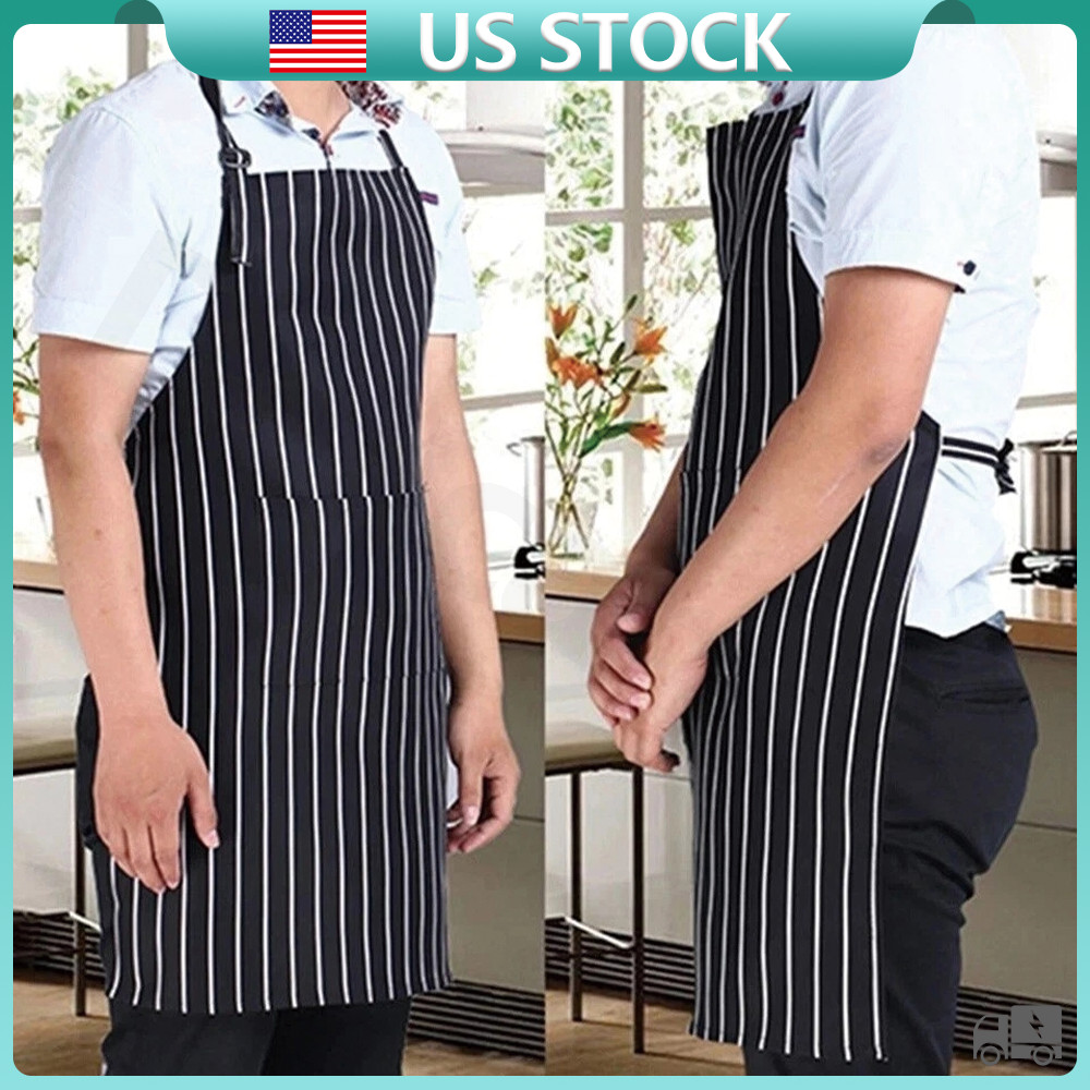 Adjustable Chef Apron with Two Pockets Striped Kitchen Bib For Men and Women