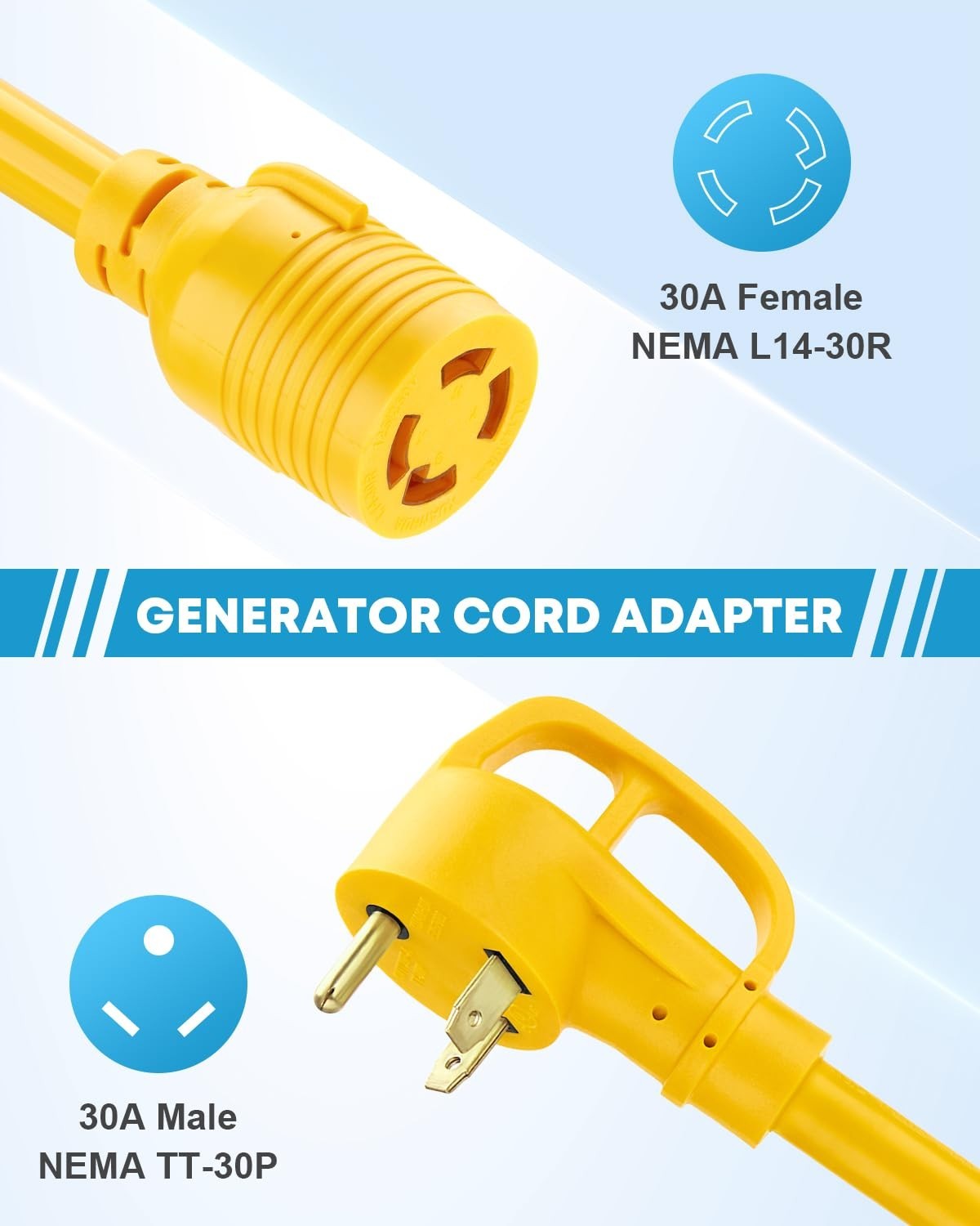 30 Amp Generator Adapter Cord, NEMA TT-30P to L14-30R, 3 Prong to 4 Prong, 12»