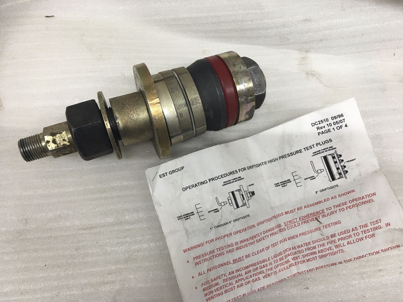 Griptight – GT3P80 – Hydro High Pressure TEST PLUG – 2.87-2.98 – w/ Instructions