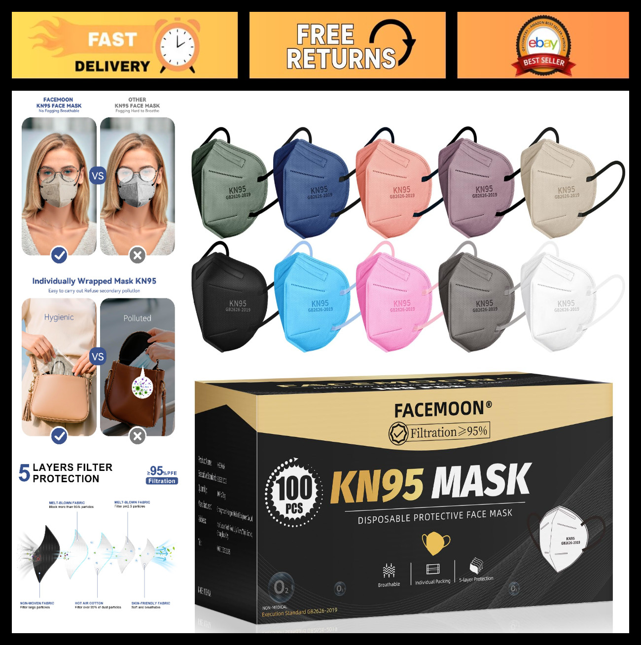 100 Pack KN95 Face Masks – 5-Layer Breathable Safety Masks for Adults, 10 Colors
