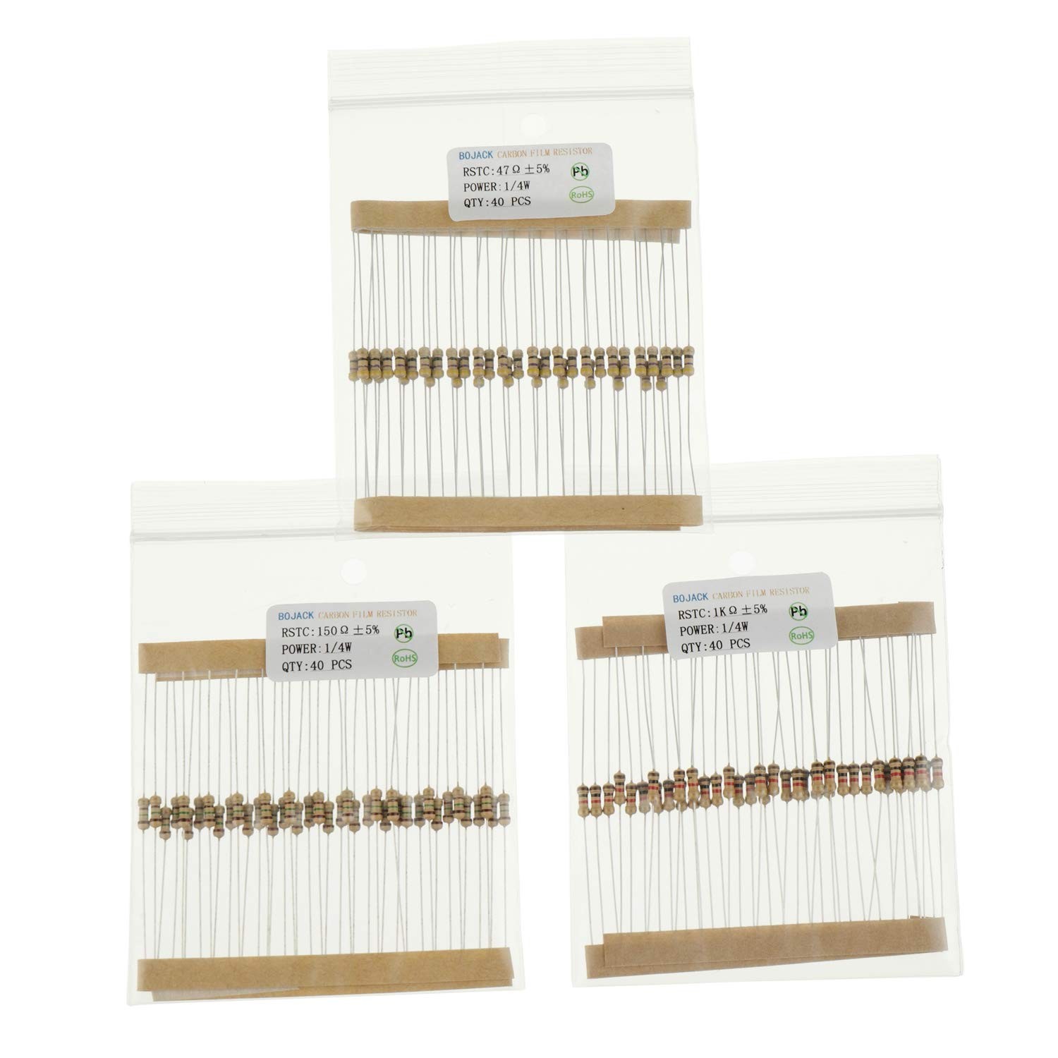 BOJACK 1000PCS Resistor Kit 25 Values 1Ω–1MΩ 1/4W Carbon Film Assortment