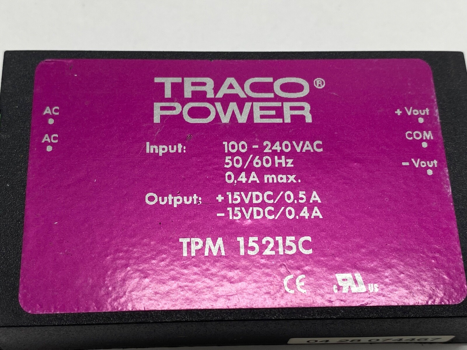 TracoPower switching encapsulated power supply TPM15215C +/- 15vdc output