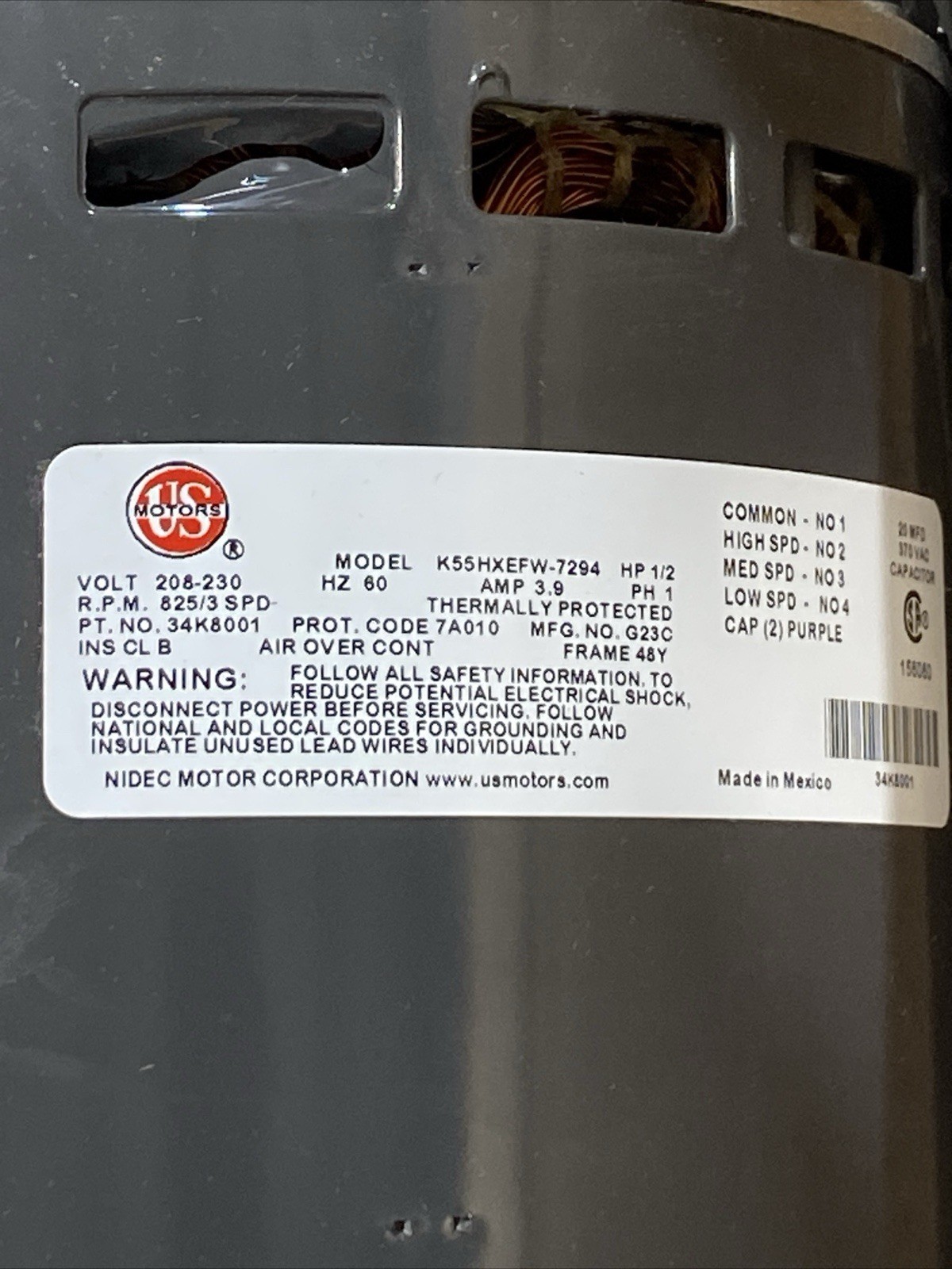 34K8001 Lennox US 1/2 HP BLower Motor, 208-230V, RPM: 825/3 SPD, HZ60 PH1 New