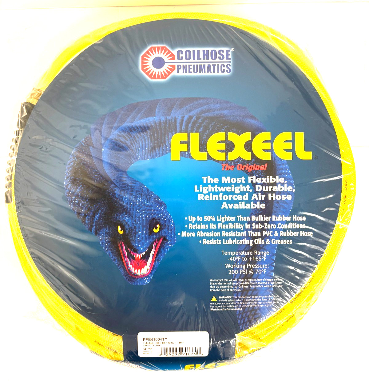 Coilhose Pneumatics PFE41004TY FLEXEEL 1/4 x 100′ Hose 1/4″ MPT Fittings Yellow