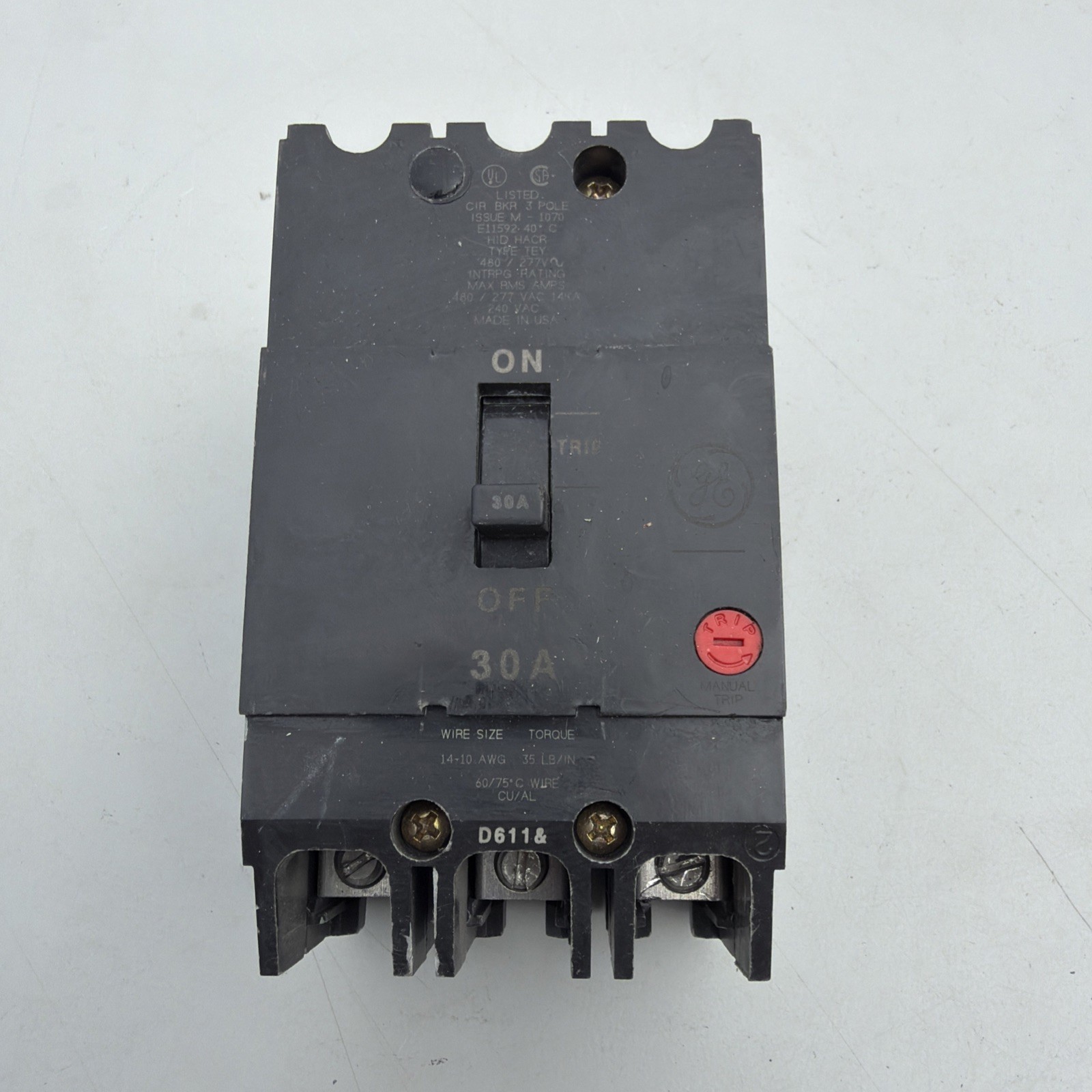 GE TEY330 CIRCUIT BREAKER, 480/277-VOLT, 3-POLE, 30-AMP, BRK / TEY FRAME
