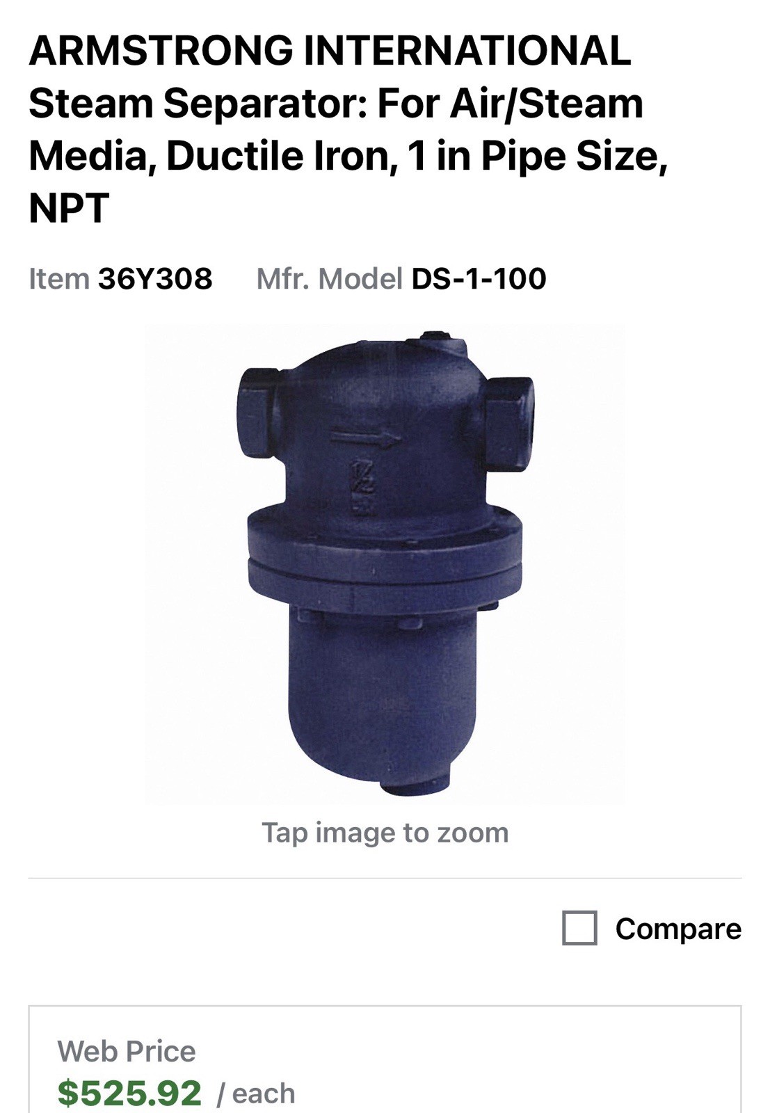 Armstrong International Steam Separator DS-1-100, 1″ NPT, 300 PSI, Ductile Iron