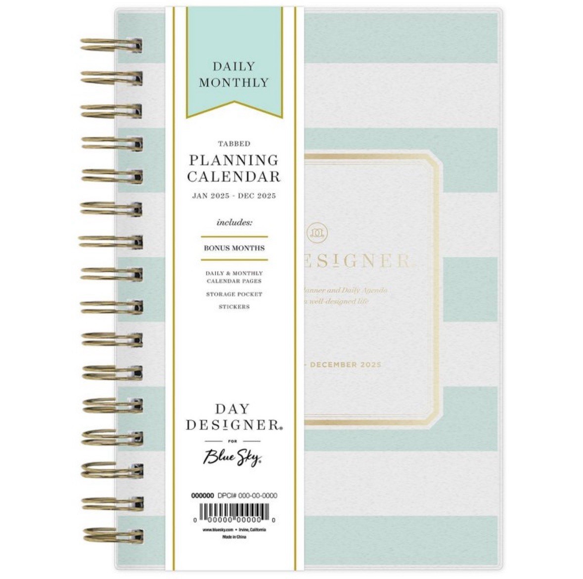 Day Designer 2025 Daily/Monthly Planner 8.15″x6.38″ Wirebound Rugby Stripe Mint