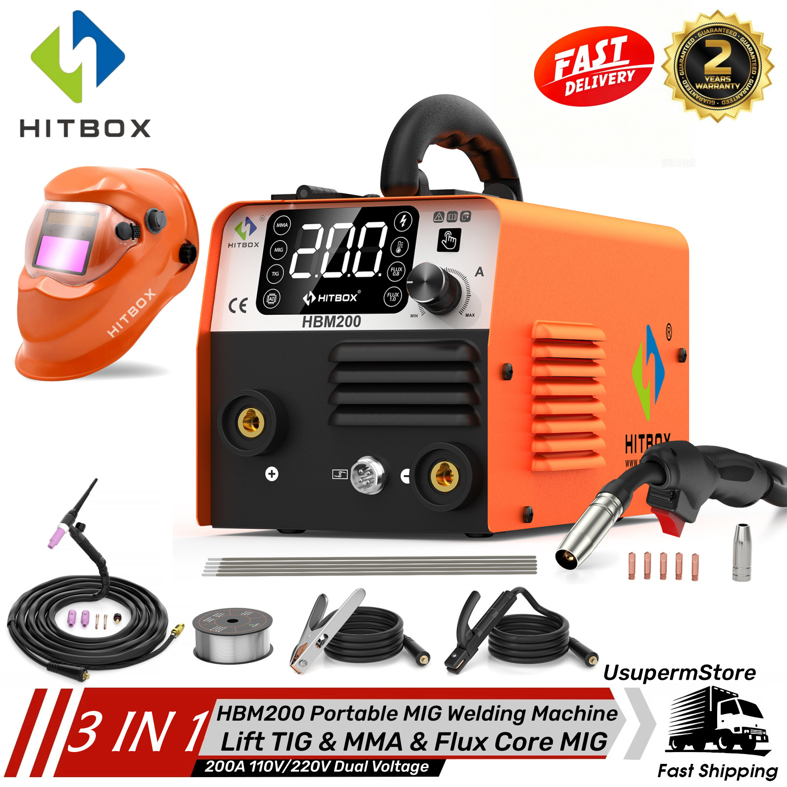 3IN1 HITBOX 110V/220V 200A MIG Welder ARC LIFT TIG MIG Gasless Welding Machine