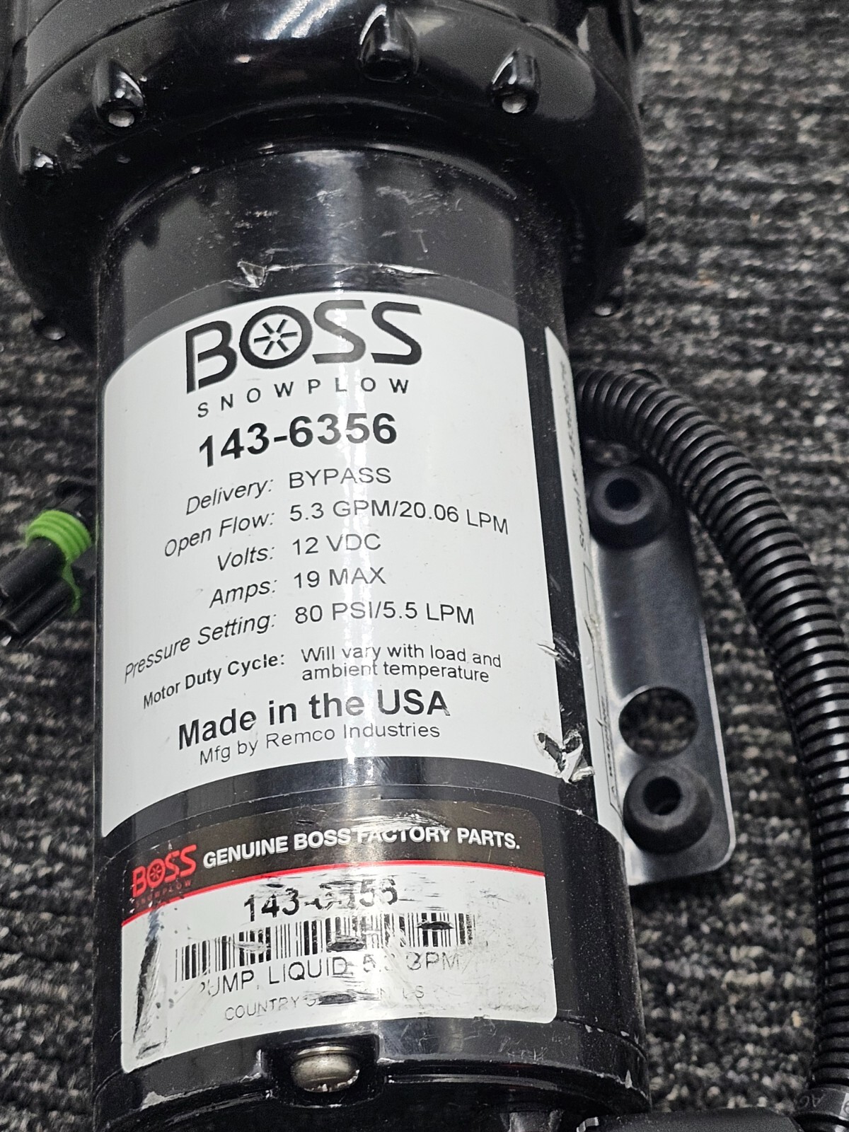 BOSS SNOWPLOW 143-6356: 5.3 GPM/20.06 LPM Liquid Pump 12VDC 19 AMP MAX 80 PSI
