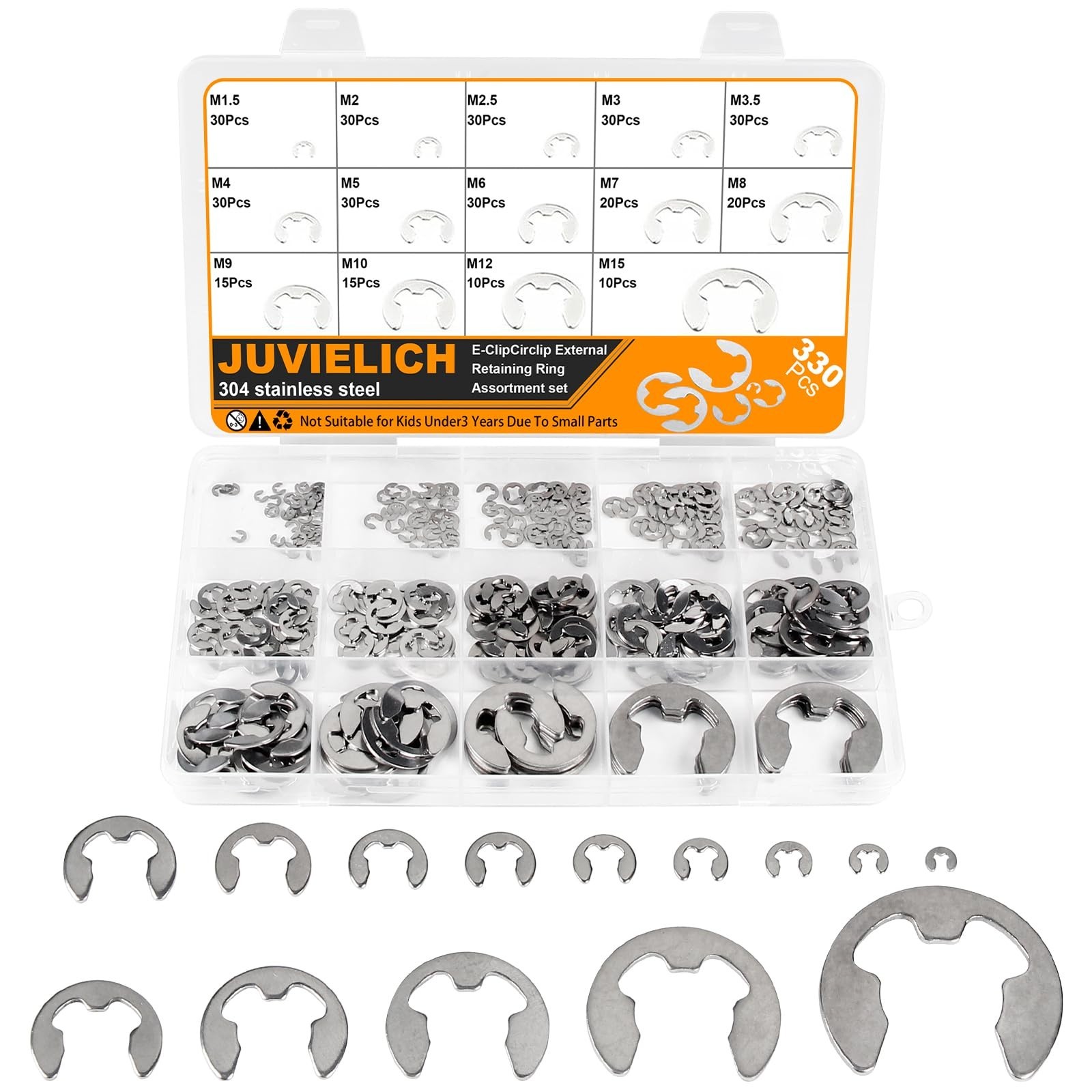 E Clip Circlip Assortment Kit 330PCS 14 Size 304 Stainless Steel External Ret…