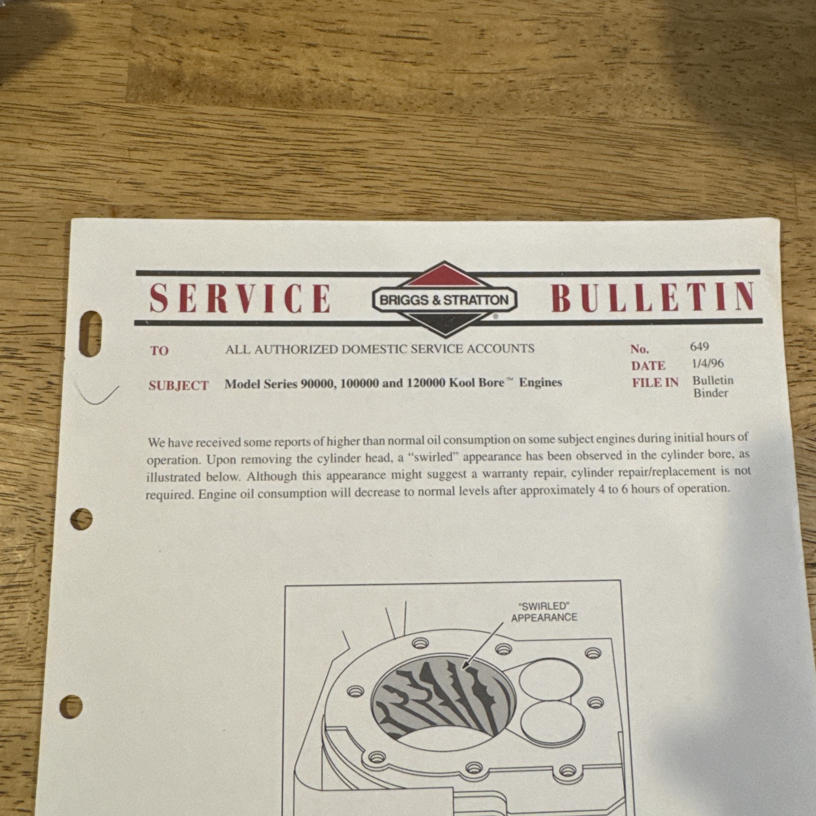 Briggs & Stratton 1996 Model Series 90000- Kool Bore Engines Service Bulletin