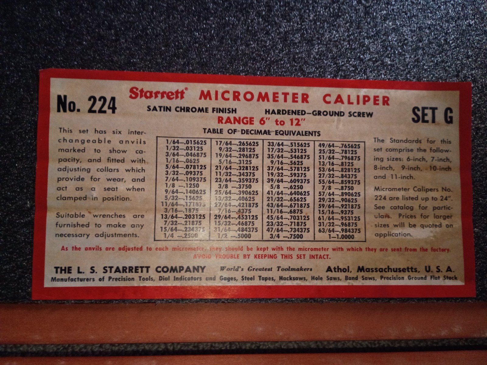 Starrett 224 Set G 6″-12″ Outside Micrometer Set