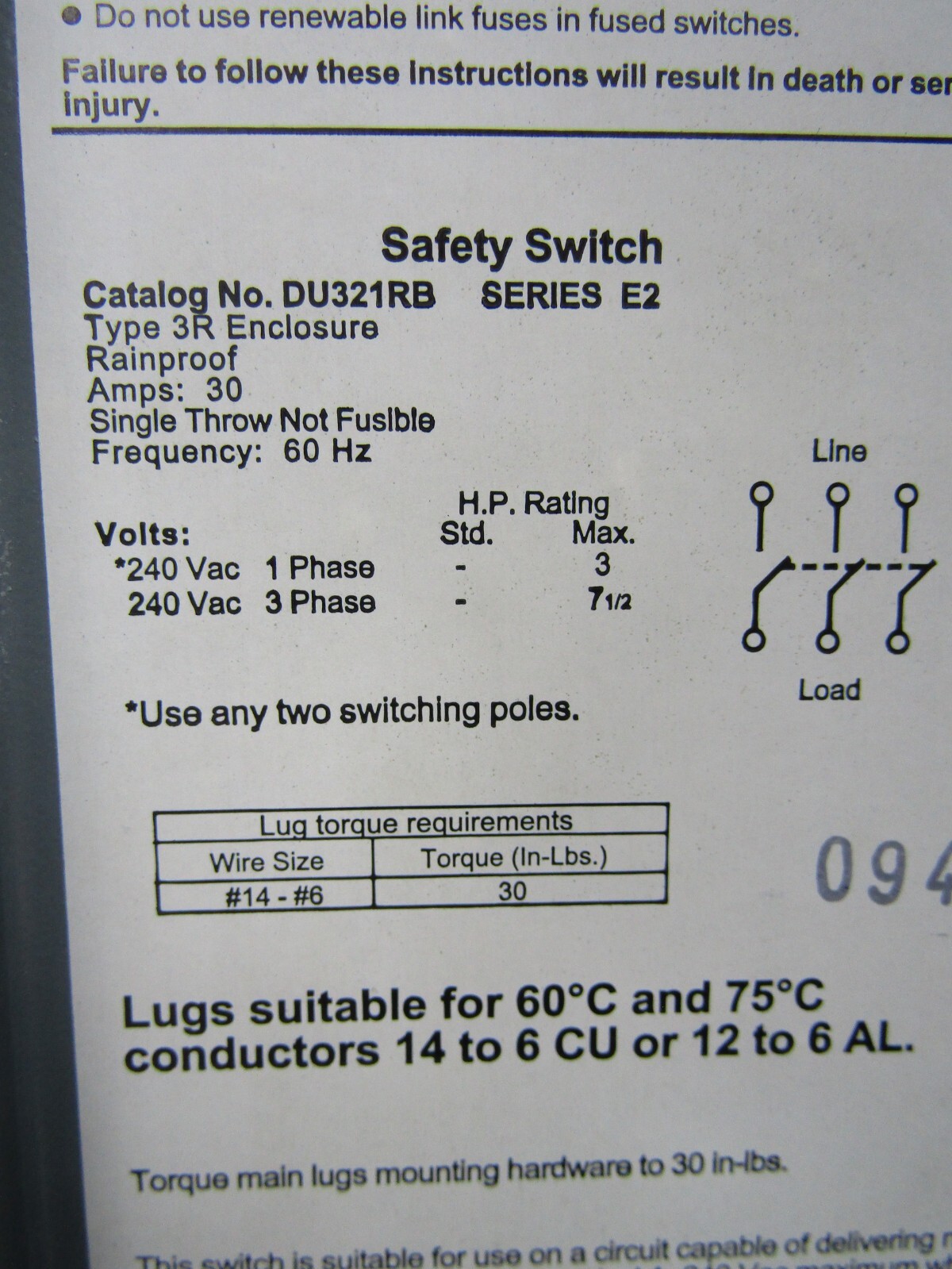👀SQUARE D 30 AMP NON-FUSED SAFETY SWITCH 3Ø 240 VAC 7.5 HP MAX TYPE 3R DU321RB