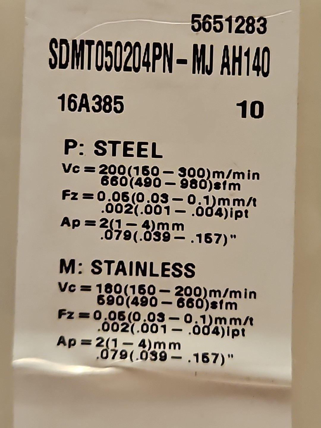 Tungaloy Milling Insert: ANSI SDMT050204PN-MJ AH140 8 NEW Solid Carbide Lot 511