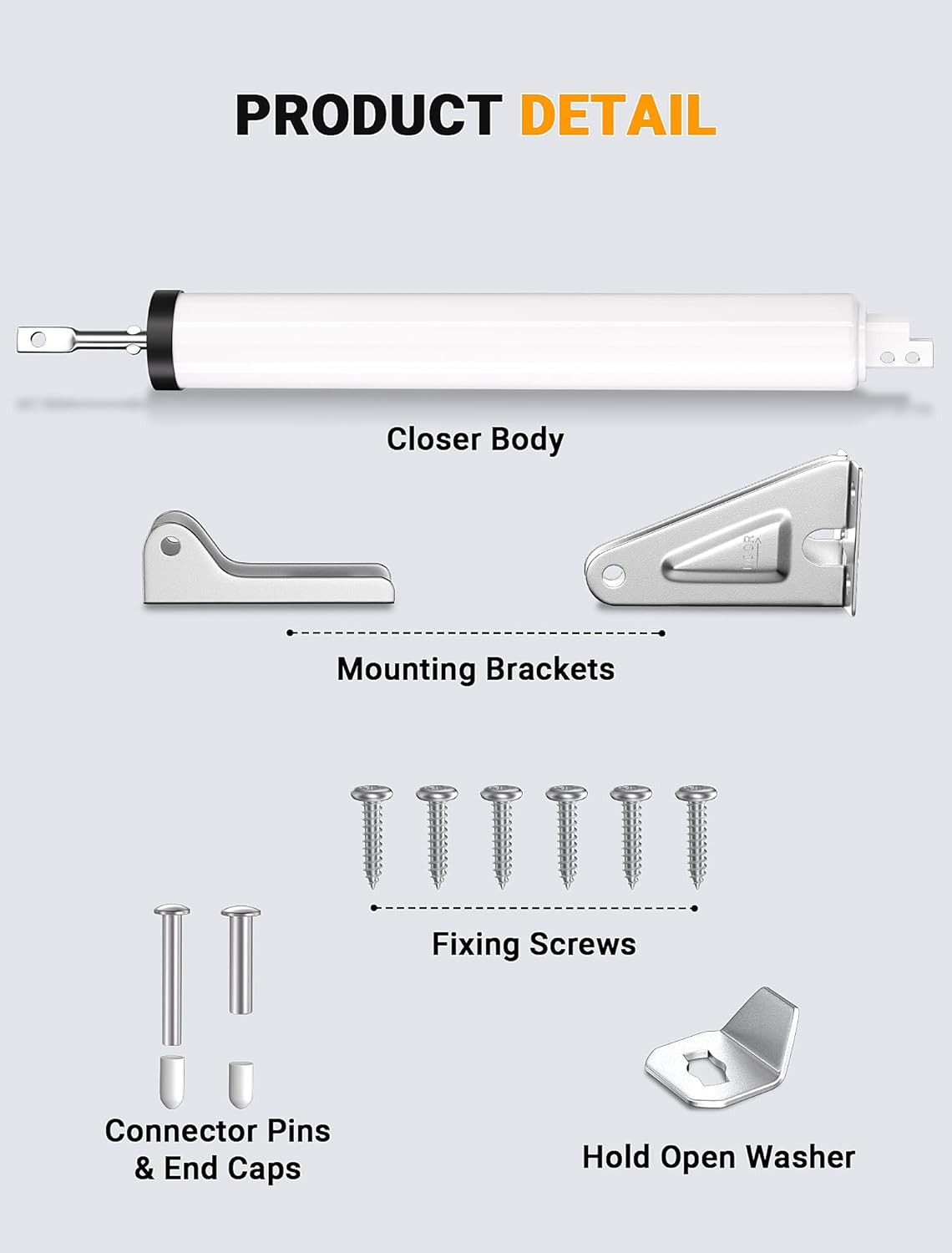 White Storm Door Closer, Pneumatic Screen Door Closer, Adjustable Speed, Hold Op