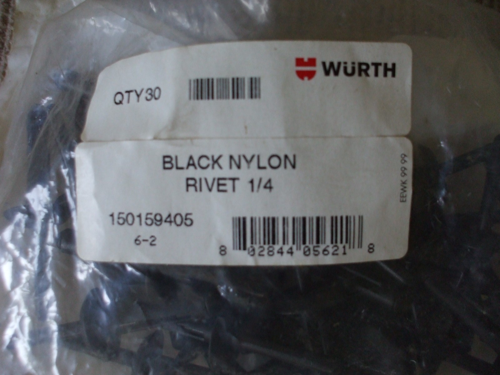 Black Nylon Rivet 1/4 WURTH # 150159405 6-2 Qty 30