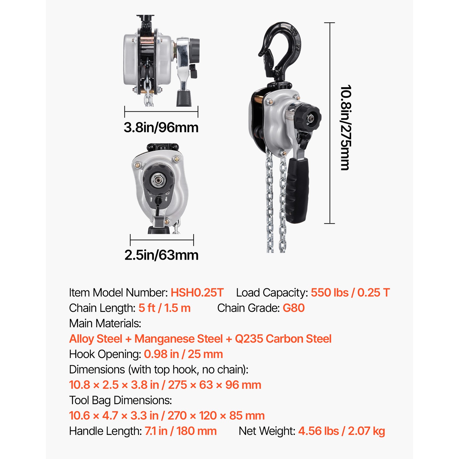 Uimoso Manual Lever Chain Hoist 550 lbs Capacity, 5 ft Lift, Durable Alloy Steel