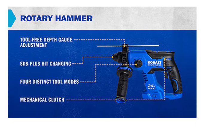 Kobalt 1260303 24v Max Brushless 7/8 inch SDS Plus Rotary Hammer Drill Tool