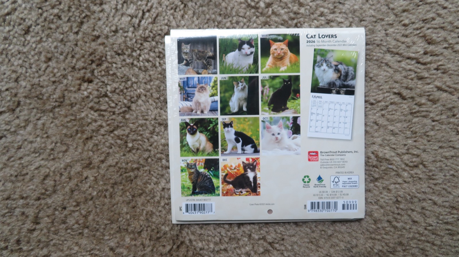 Brown Trout Cat Lovers 2026 Mini Wall Calendar 7″ x 7″ NEW SEALED