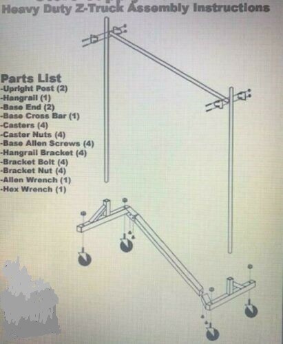 Clothing Garment Rack Z-Truck Rolling Single Rail OSHA Heavy Duty 300 Pounds