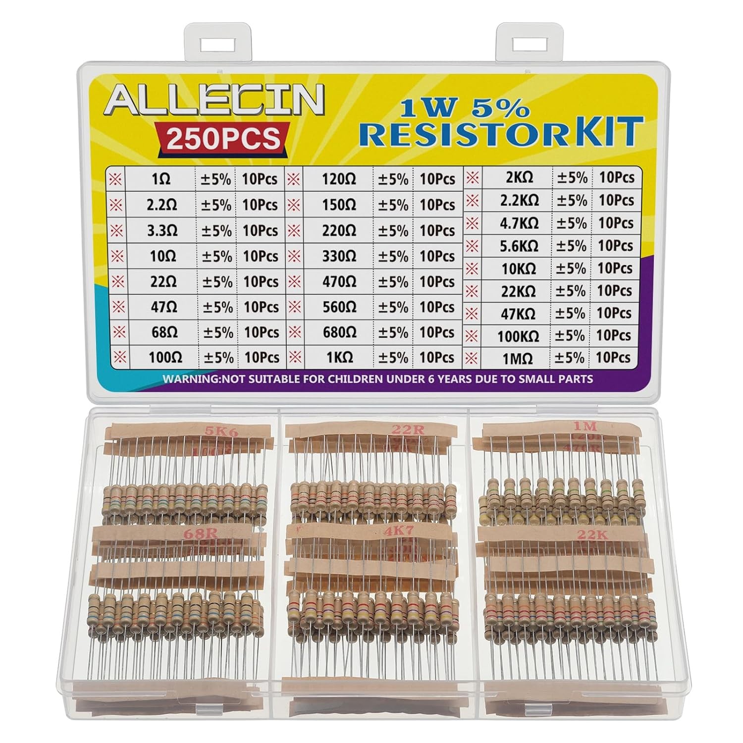 25 Values 1W Carbon Film Resistor Kit from 1 Ohm to 1M Ohm 1 Watt 5% Resistors A