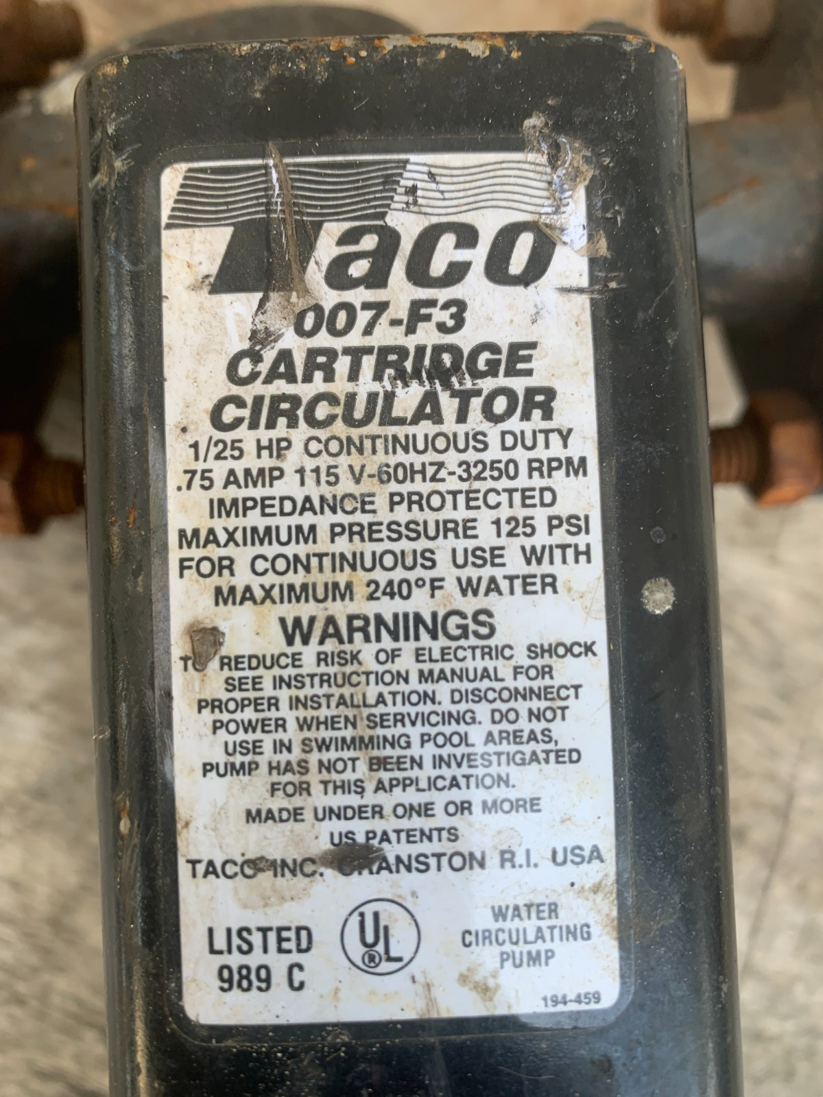 Taco 007-F5 Cartridge Circulator Pump 1/25 Hp .71 Amp 3250 Rpm WROKS USA Made