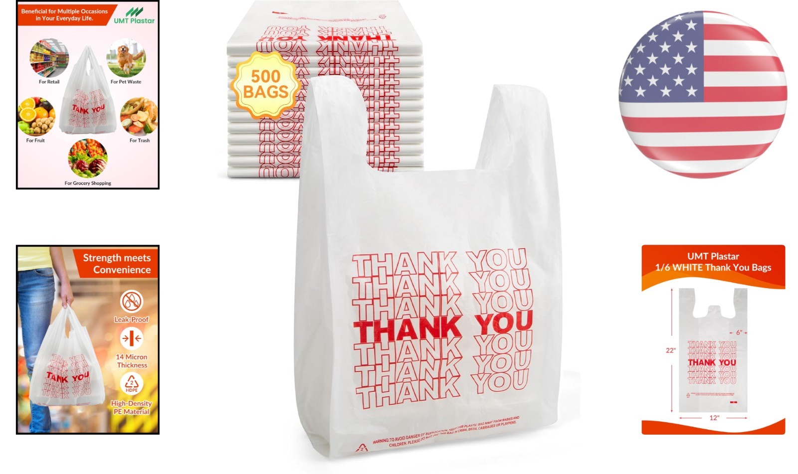 Versatile 500 Count Thank You Plastic Bags – 12″ x 6″ x 22″ for Retail & Takeout