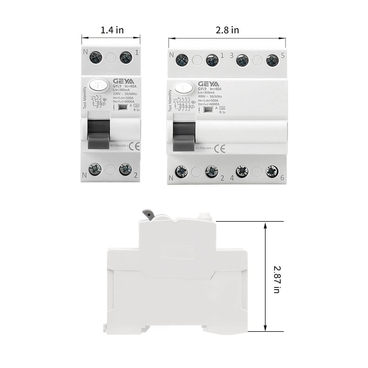 GEYA ELCB Circuit Breaker 2Pole 25/40/63/80/100Amp 30/100/300mA AC-Type RCCB RCD