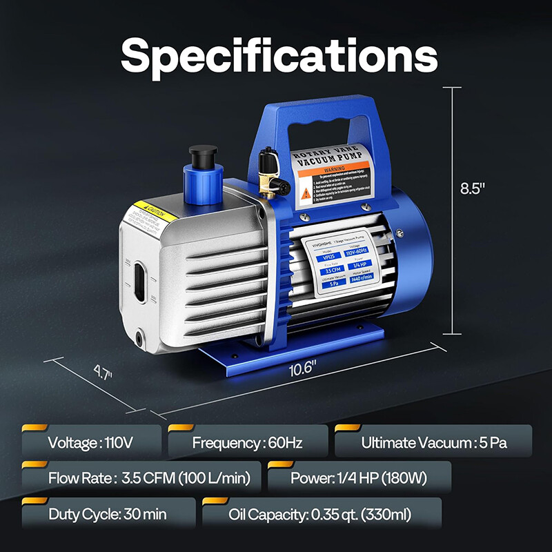 110V 1/4 HP 3.5 CFM Single Stage Rotary Vane Air Vacuum Pump w/ Oil Bottle ETL