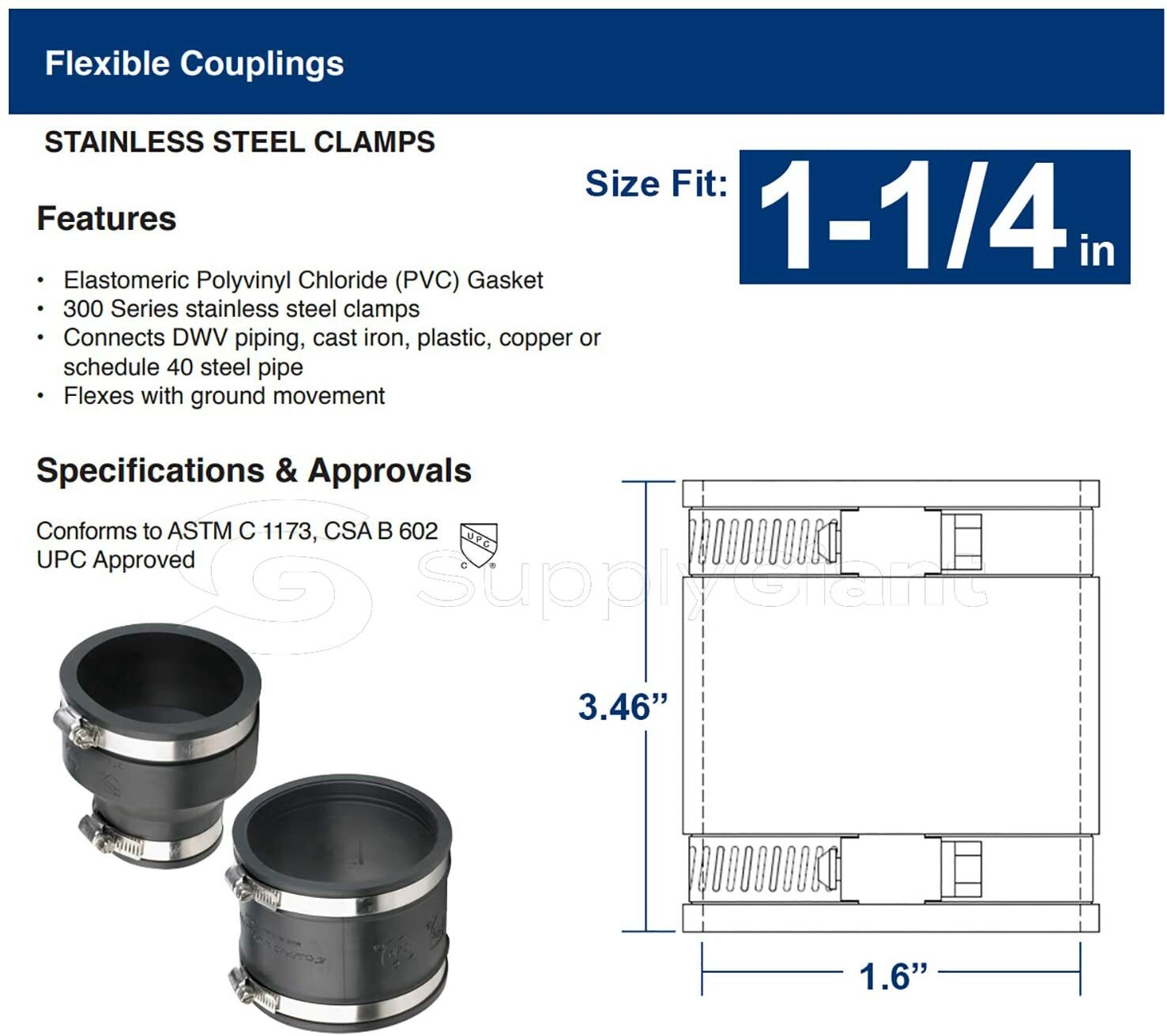 Flexible Pvc Coupling with Stainless Steel Clamps 1-1/4» inch, Black, pack of 2
