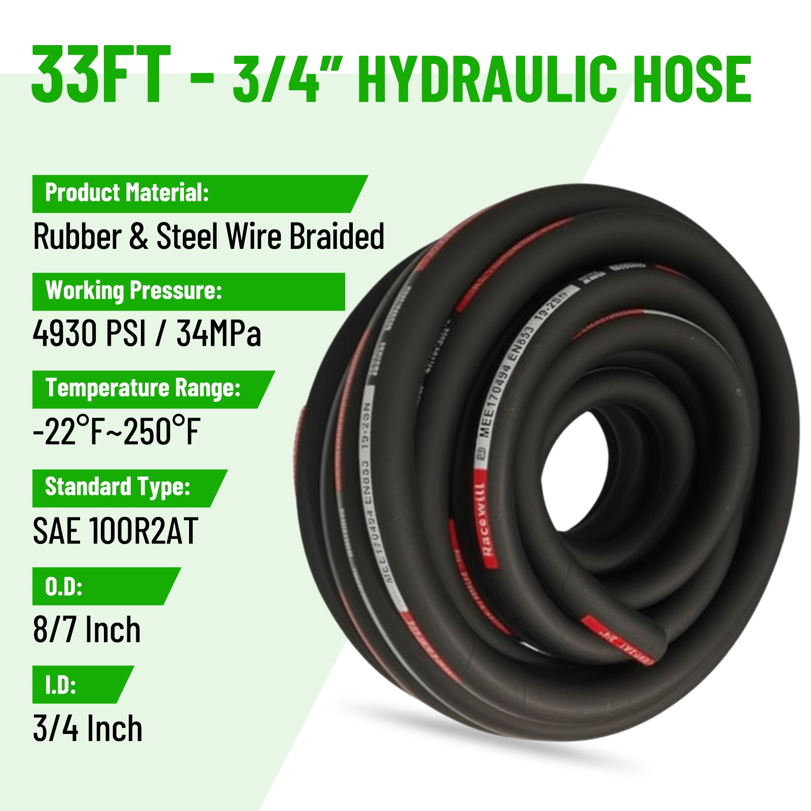 Hydraulic Hose Kit 33FT Hose + Straight 3/4″ JIC Female & 3/4″ NPTF Male Fitting