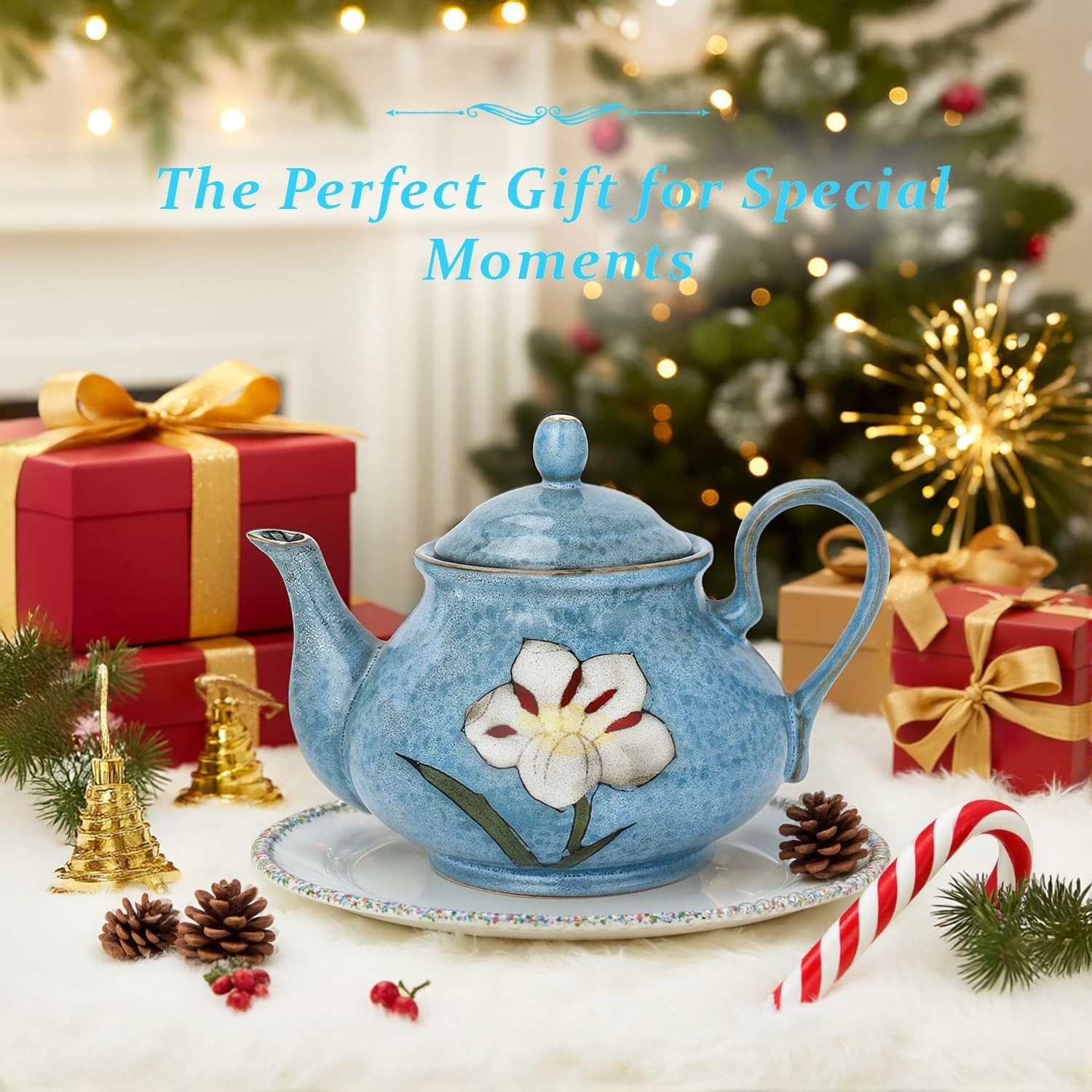 Ceramic Teapot 30 oz, Under-Glaze Hand-Painted Porcelain Tea Pot for Blooming