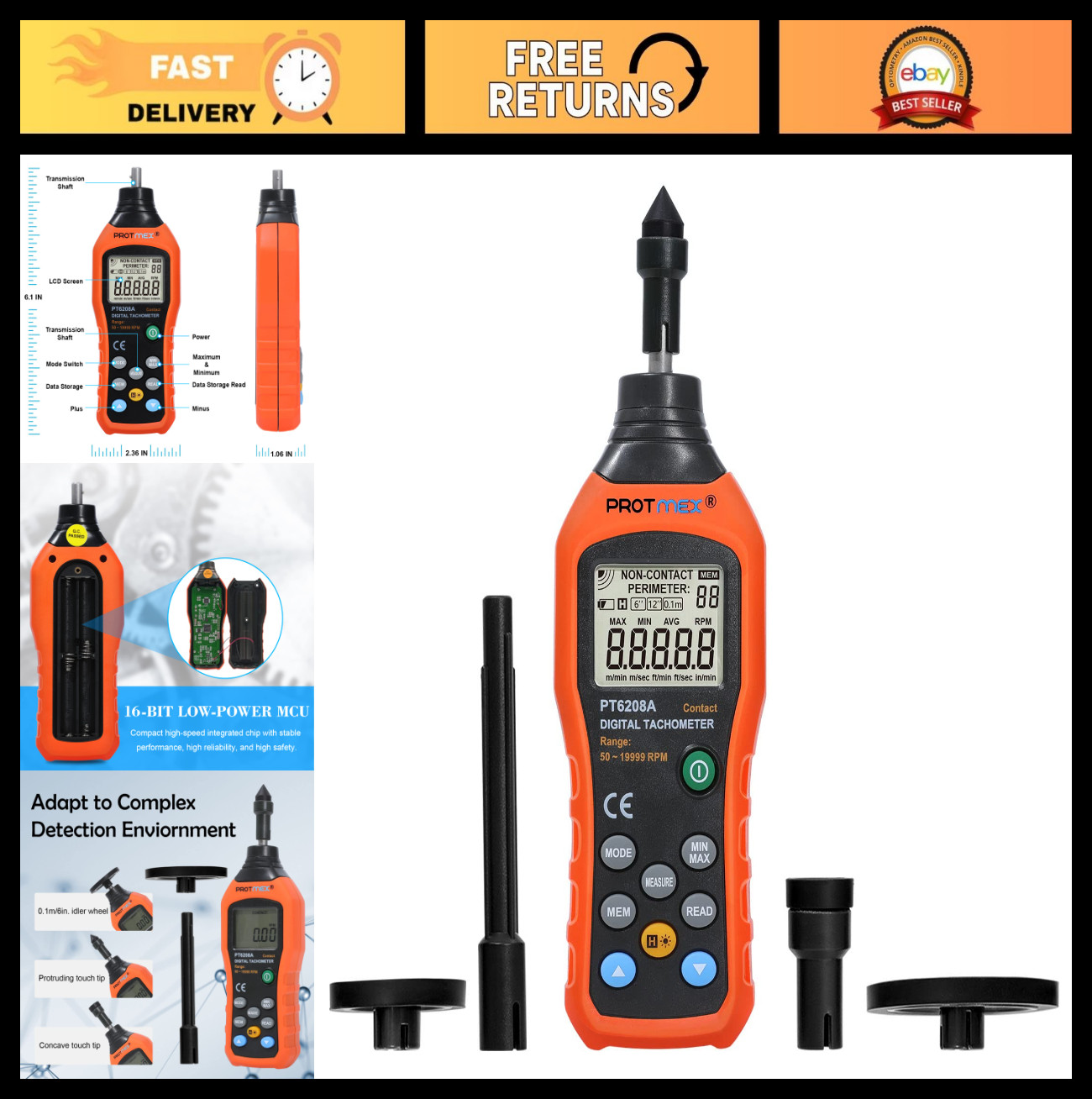 Digital Contact Tachometer 50-19999RPM Speed Meter | Data Logging, Max/Min/AVG,