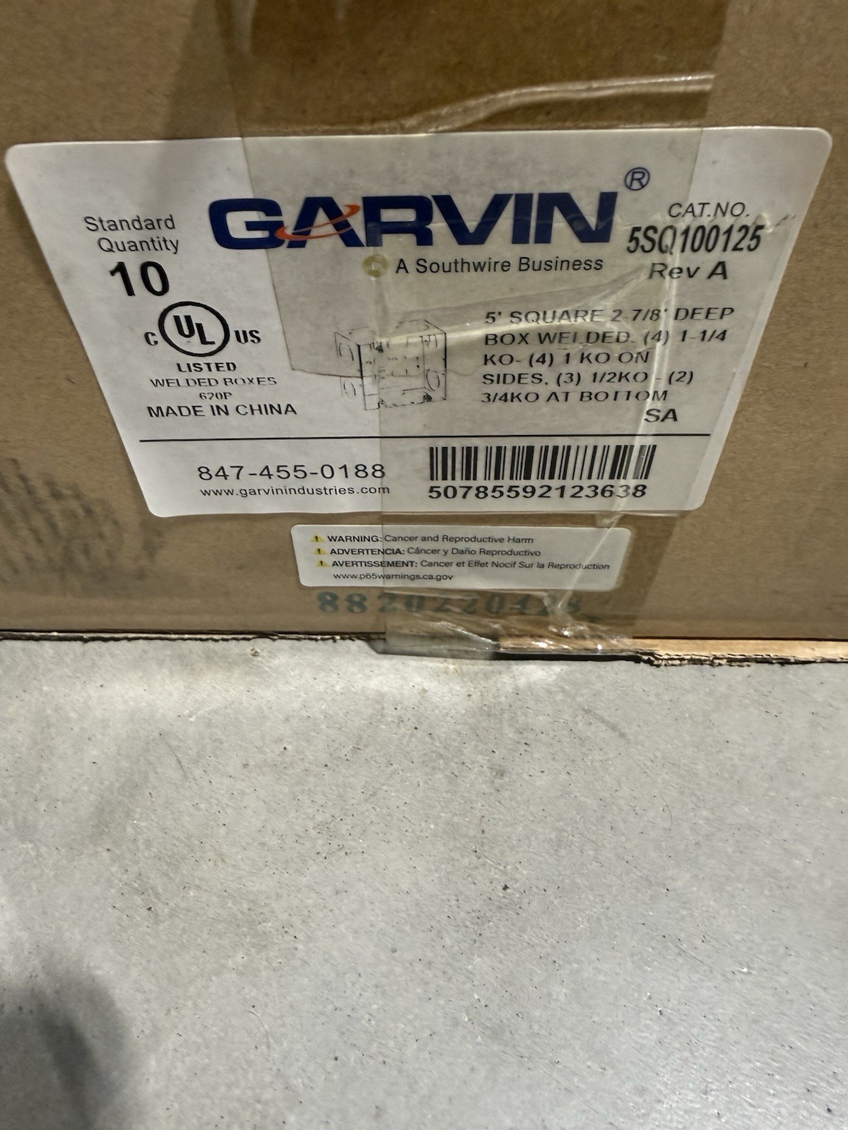10qty Southwire Garvin 5SQ100125 5″ Square Welded Box 2-7/8 Deep 1 & 1-1/4″ KO’s