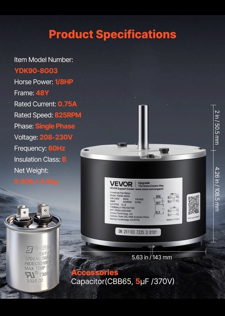 VEVOR Condenser Fan Motor with Capacitor 1/8HP 825RPM 208-230V CW/CCW Rotation