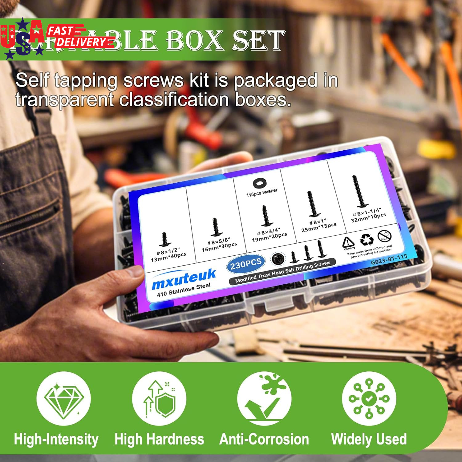 230PCS #8 Self Tapping Screws,410 Stainless Steel Self Tapping Screws for Metal,