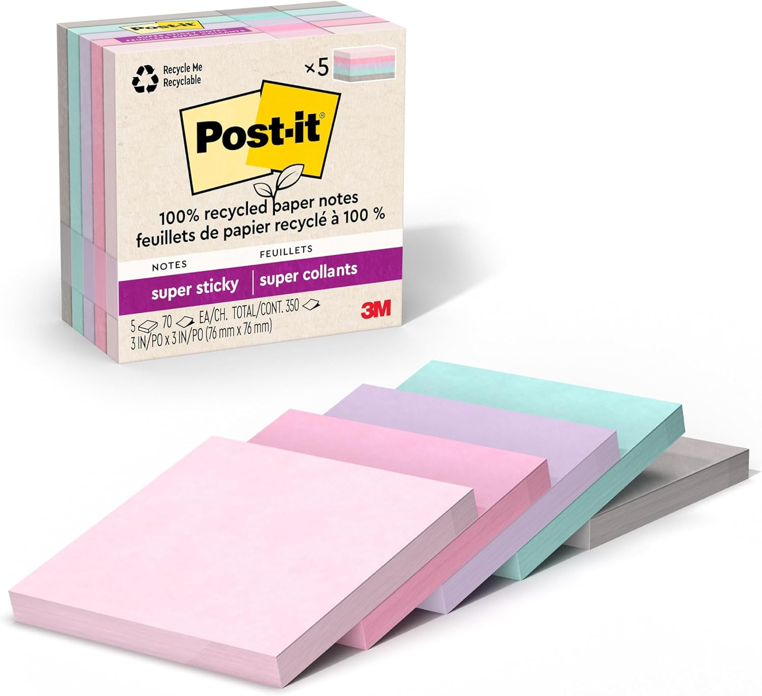 Post-It 100% Recycled Paper Super Sticky Notes, 3 In. X 3 In., 5 Pads, 70 Sheets