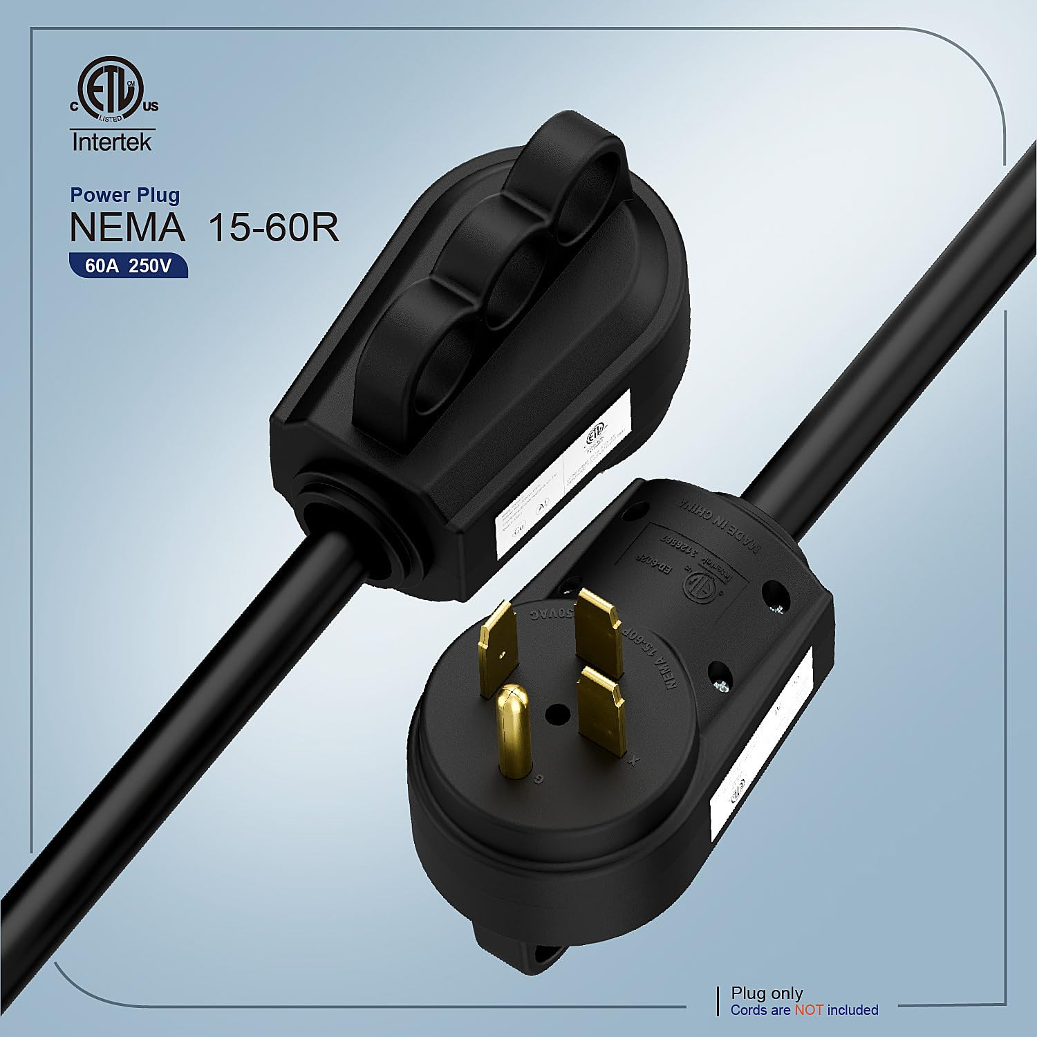 NEMA 15-60P Rewirable Plug, 60 Amp 250V 3-Prong Heavy-Duty Male Plug, ETL Listed