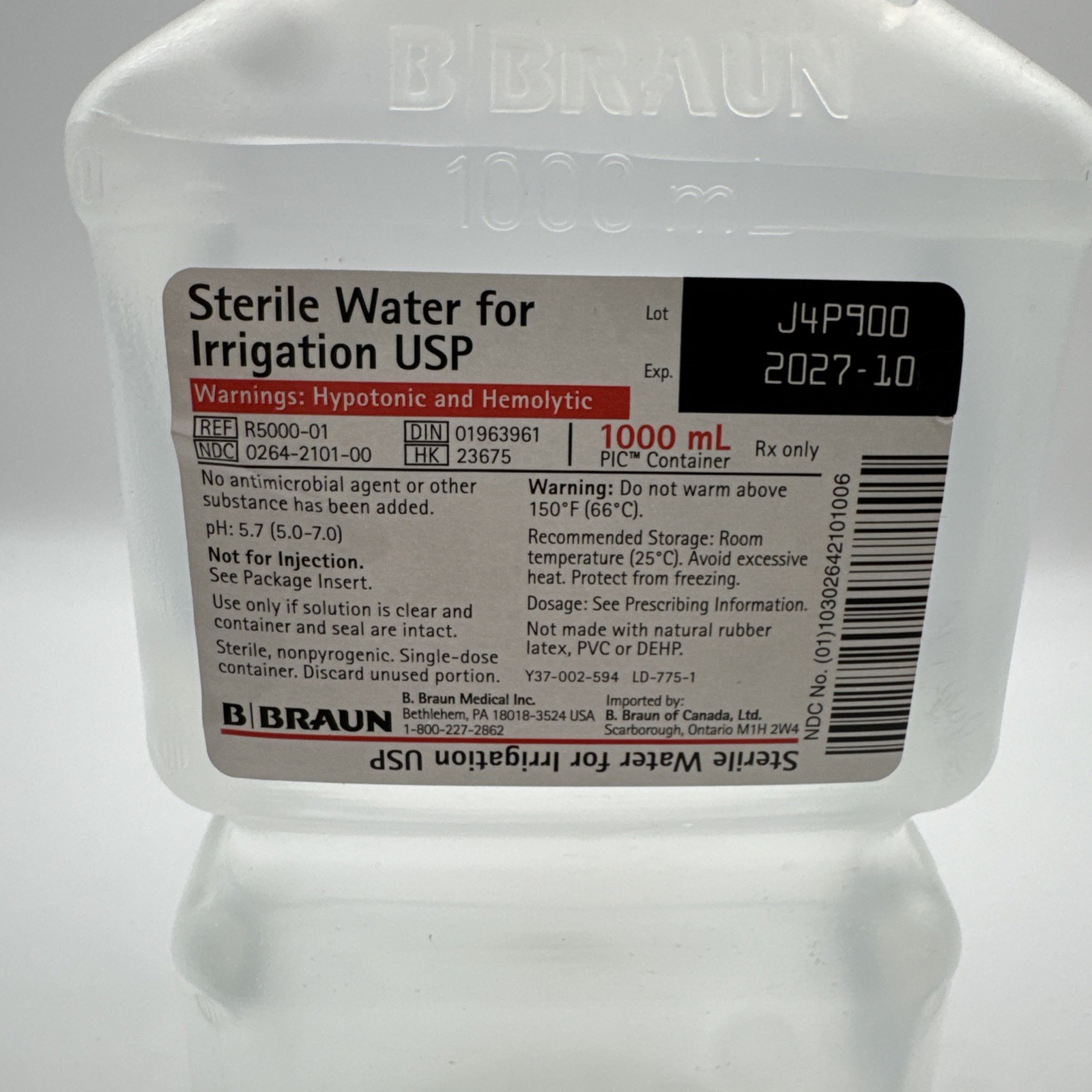 Sterile Water for Irrigation Bottle (R5000-01), 1000ml, 10-2027
