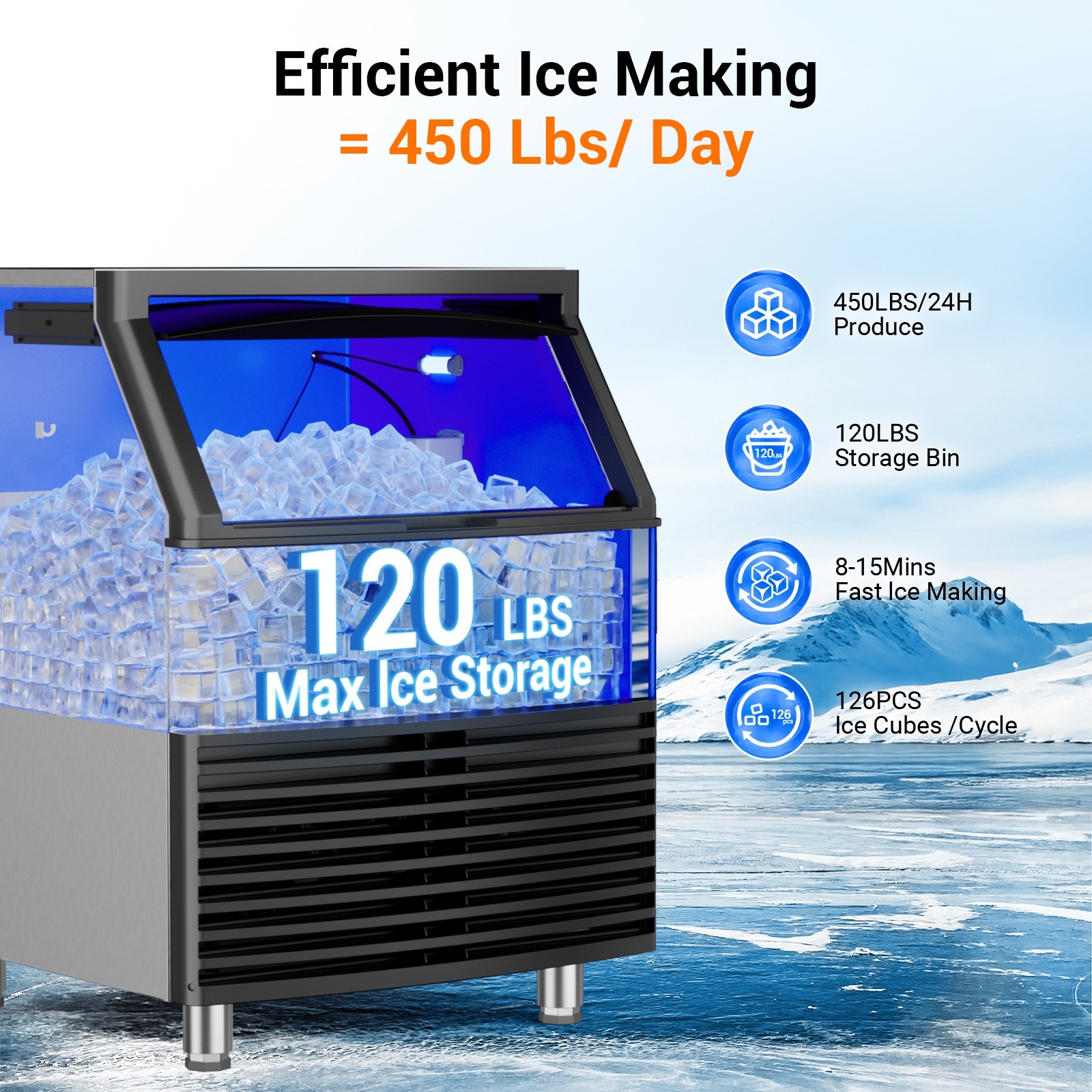 Commercial Ice Maker Machine 450LBS/24H Under Counter Ice Machine 120LBS Storage