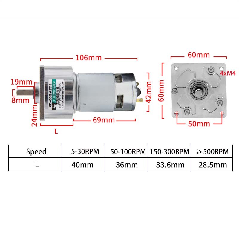 DC 12V/24V 35W High Torque Metal Gear 775 Reduction Motor 60GA Speed 5RPM-500RPM
