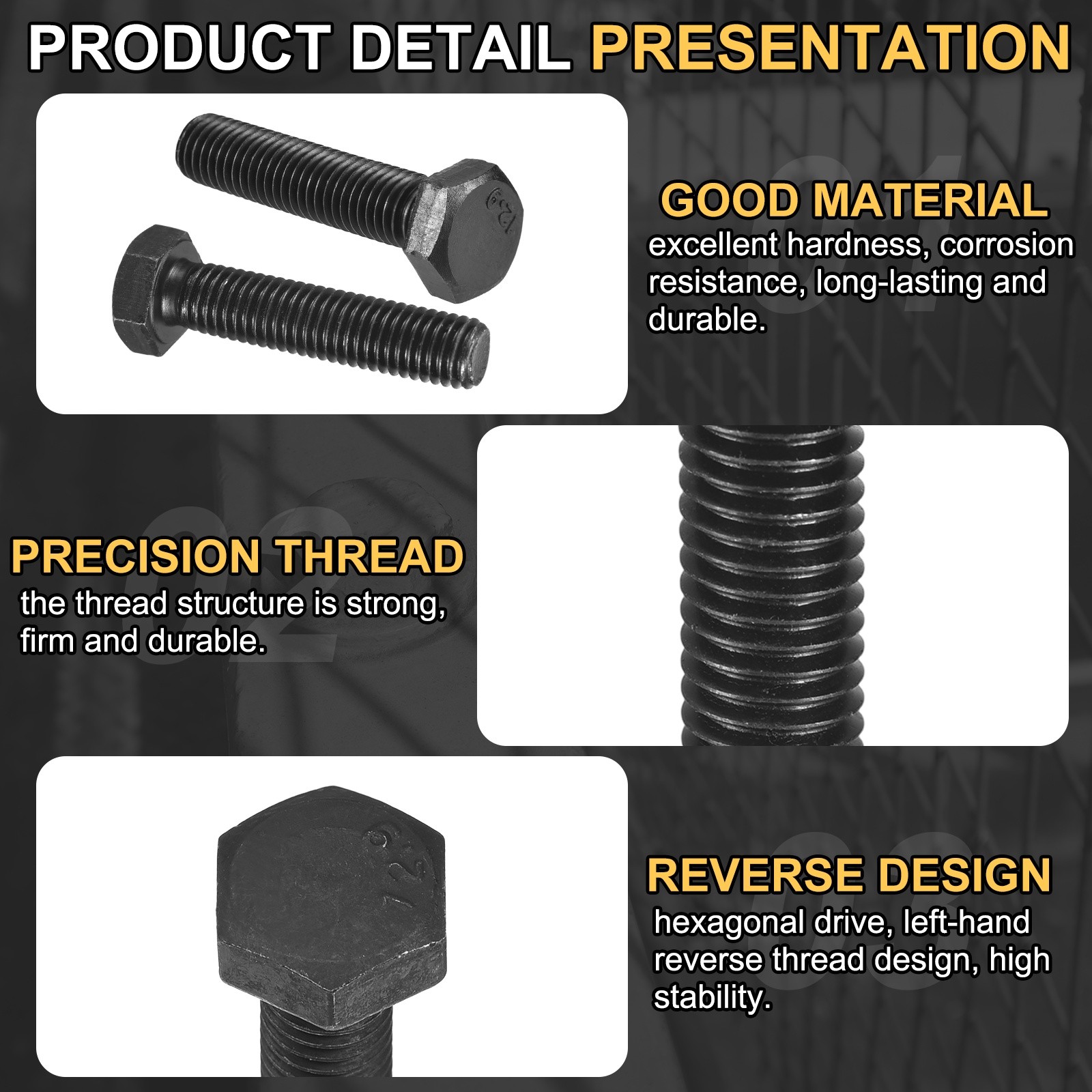 2Pcs M10-1.5 x 45mm Left Hand Hex Head Bolt Black Oxide Carbon Steel Reverse