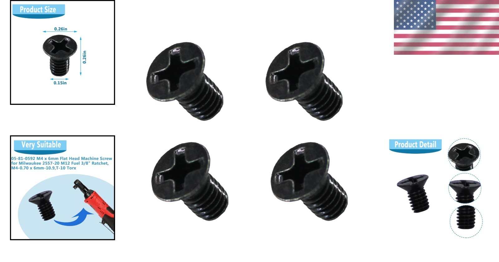 High-Strength M4 x 6mm Flat Head Screws – Compatible with Milwaukee Tools